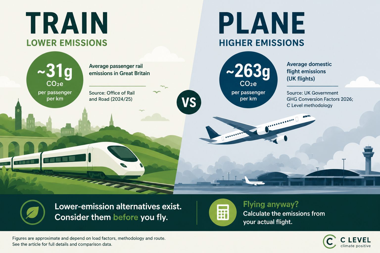 Train vs plane carbon emissions comparison showing lower rail emissions and higher flight emissions per passenger kilometre
