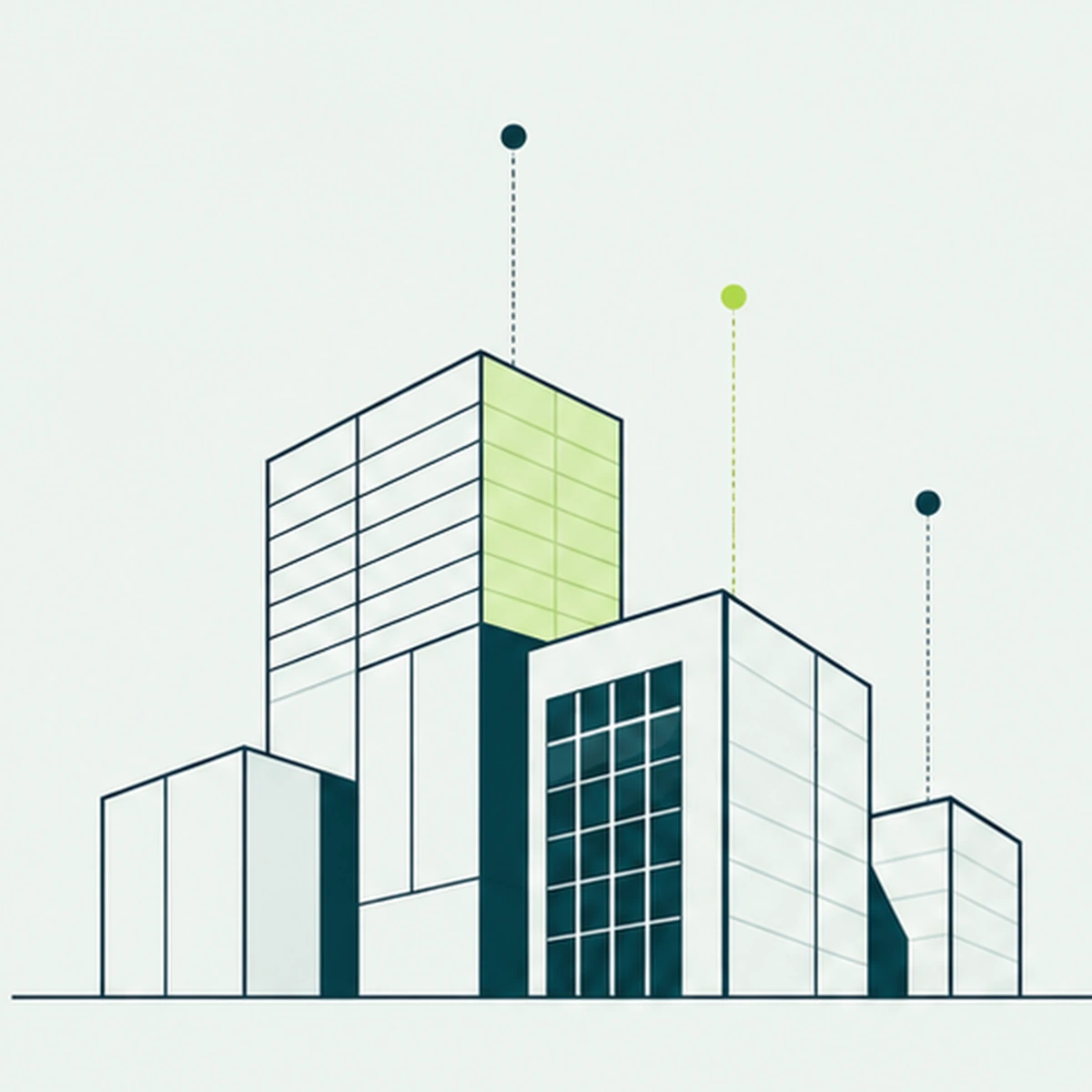 Business carbon calculator: line drawing of office buildings annotated with Scope 1, Scope 2 and Scope 3 markers