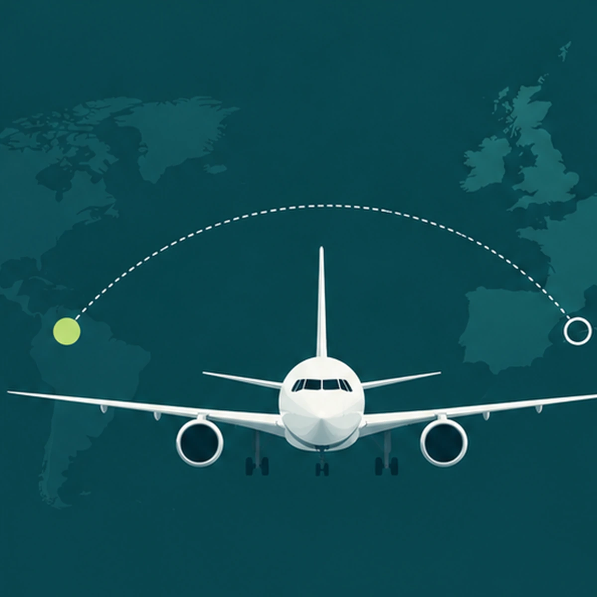 Flight carbon calculator: airliner on a dashed great-circle flight route between two airports