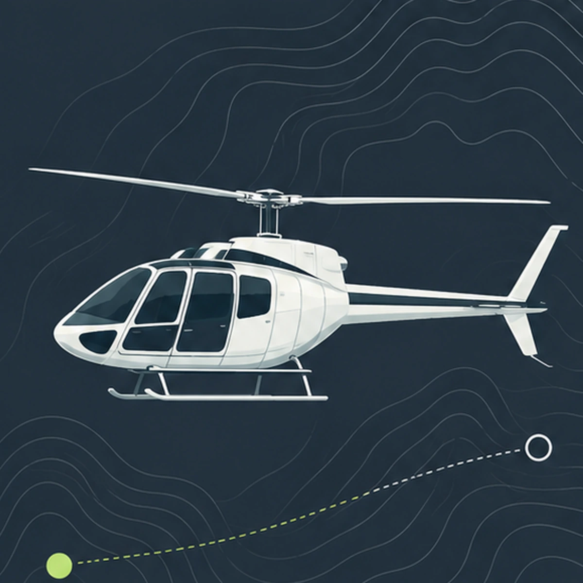 Helicopter carbon calculator: helicopter above a dashed point-to-point route line on a contour map