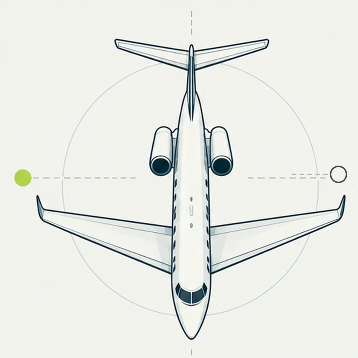 Private jet carbon calculator: plan view of a business jet on a route line between two airports